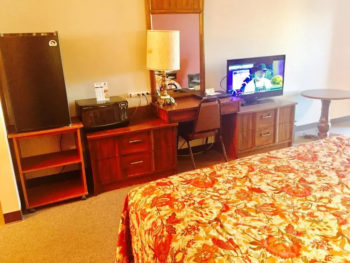Room amenities including mini-fridge, microwave, and TV