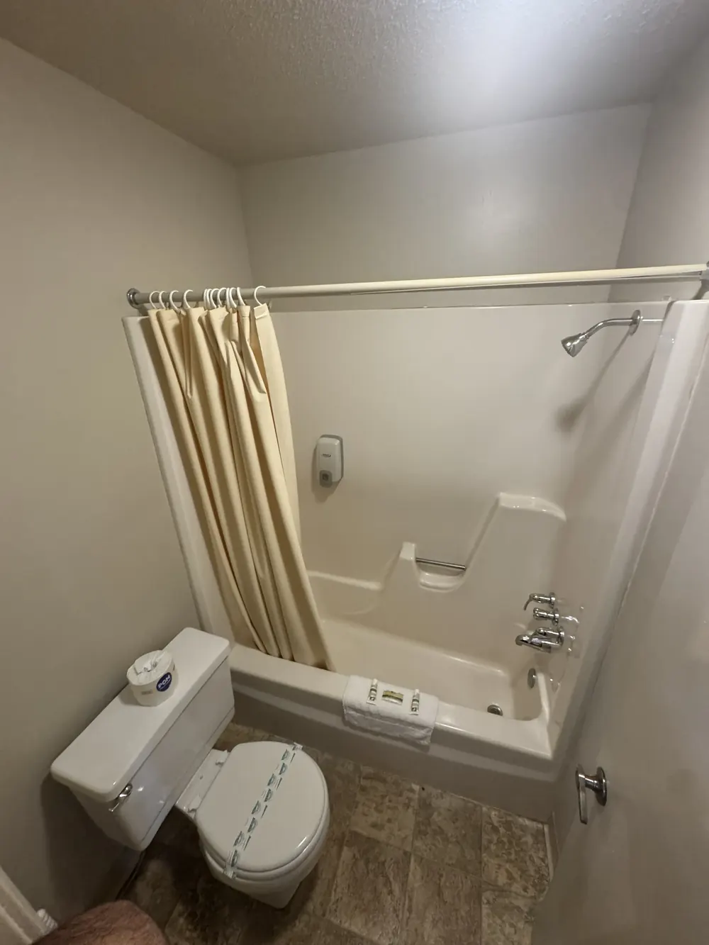 Clean toilet and tub with shampoo, conditioner, and soap.